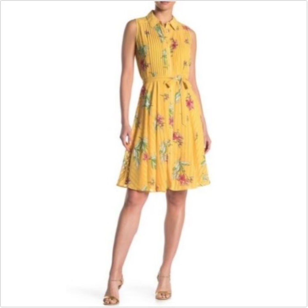 Nanette Lepore Women Sz 2 Dress Floral Yellow Button Front Sleeveless Lemon Pink